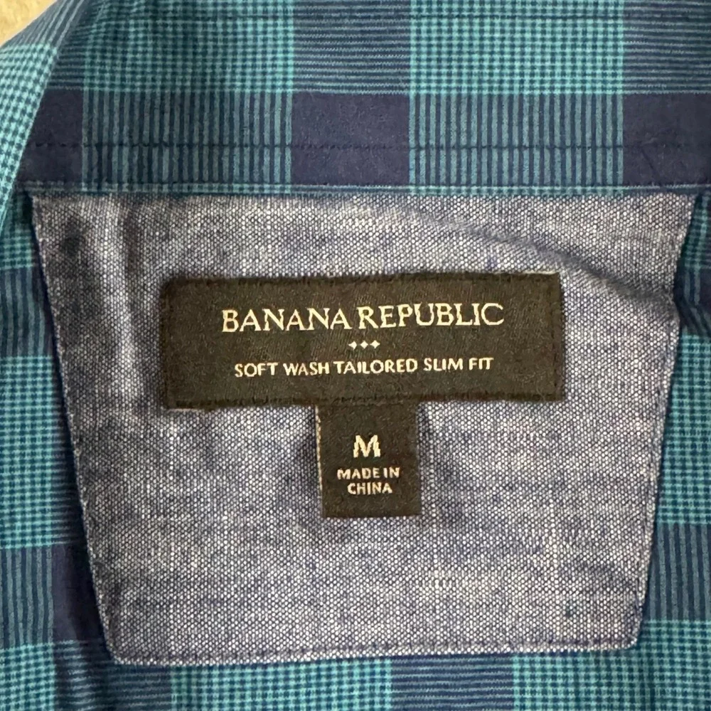 Banana Republic‎ Button Down Mens Medium Teal Blue Tailored Slim Plaid Gingham